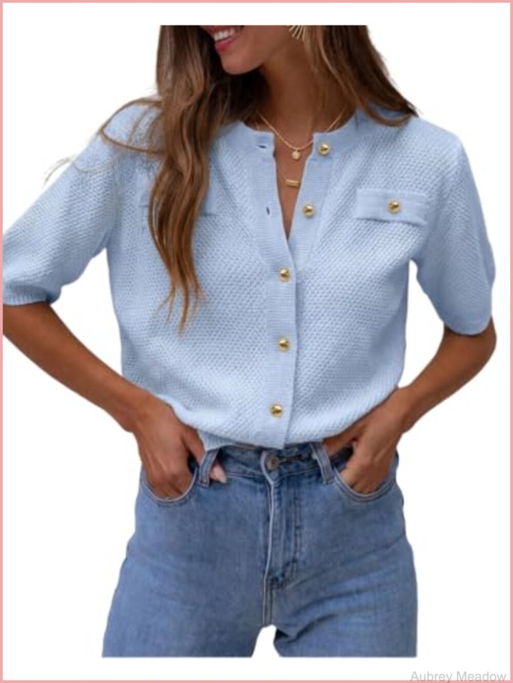 Women's Hollow Out Short Sleeve V-Neck Button Down Blouse